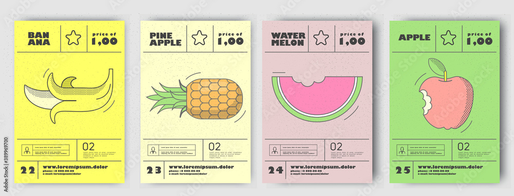 Vector illustrations. Set of posters or price tags for fruits. Banana, pineapple, watermelon, apple.