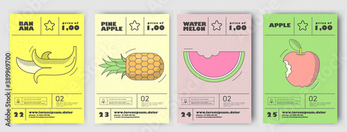 Vector illustrations. Set of posters or price tags for fruits. Banana, pineapple, watermelon, apple.