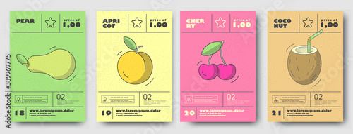 Vector illustrations. Set of posters or price tags for fruits. Pear, apricot, cherry, coconut.