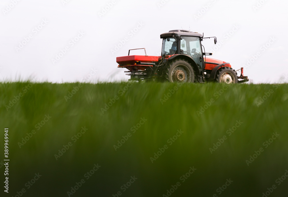 Tractor spreading artificial fertilizers in field Tractor spreading artificial fertilizers in field