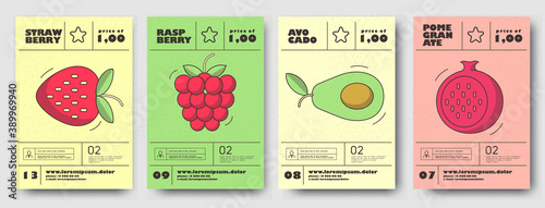Vector illustrations. Set of posters or price tags for fruits. Pomegranate, strawberry, raspberry, avocado.