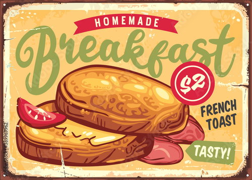 French toast breakfast sign menu board design. Fried bread retro poster for restaurant or cafe bar. Vector ad.