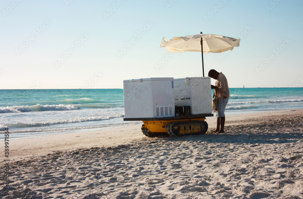 anonymous summer ice cream man with his cart on the sandy beach rests