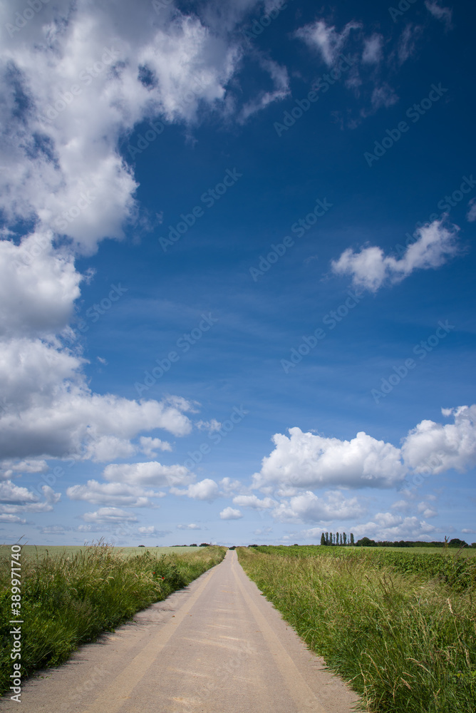 une route en été dans la campagne avec des nuages dans le ciel bleu