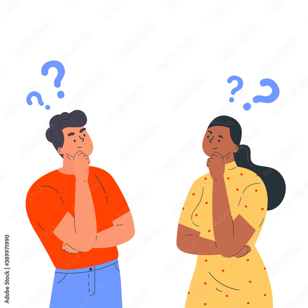 Couple of man and woman having a question. Male and female characters standing in thoughtful pose holding chin and question marks above their head. Quarrel, doubts or interest in relationship. Vector Couple of man and woman having a question. Male and female characters standing in thoughtful pose holding chin and question marks above their head. Quarrel, doubts or interest in relationship. Vector