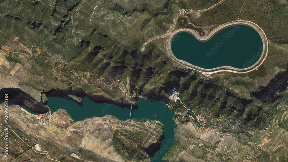 pumped storage hydropower plant, upper reservoir, lower reservoir and river bird’s eye view la