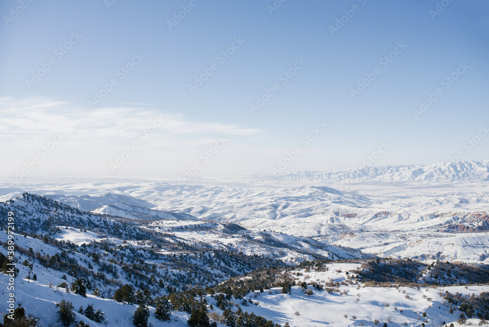the tract of Beldersay, covered with snow in Uzbekistan on a clear day. Beldersay ski resort
