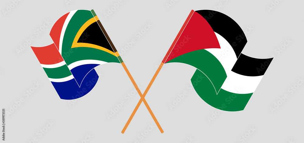 Crossed and waving flags of Palestine and Republic of South Africa ...
