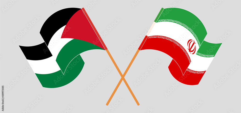 Crossed and waving flags of Palestine and Iran Crossed and waving flags of Palestine and Iran