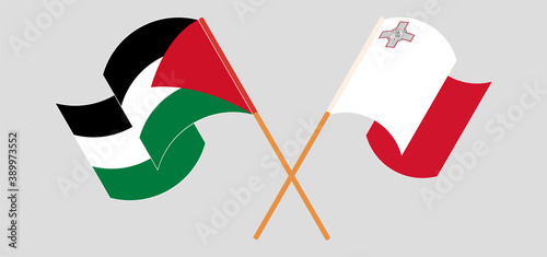 Crossed and waving flags of Palestine and Malta
