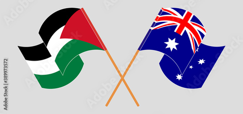 Crossed and waving flags of Palestine and Australia