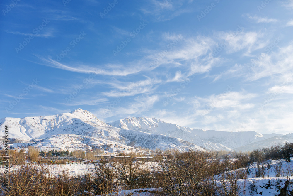 Beautiful winter in the mountains with snow. Winter Paradise in Central Asia with frosty conditions. Uzbekistan, not far from the Chimgan mountains in the cold and snowy winter. Beautiful winter in the mountains with snow. Winter Paradise in Central Asia with frosty conditions. Uzbekistan, not far from the Chimgan mountains in the cold and snowy winter.