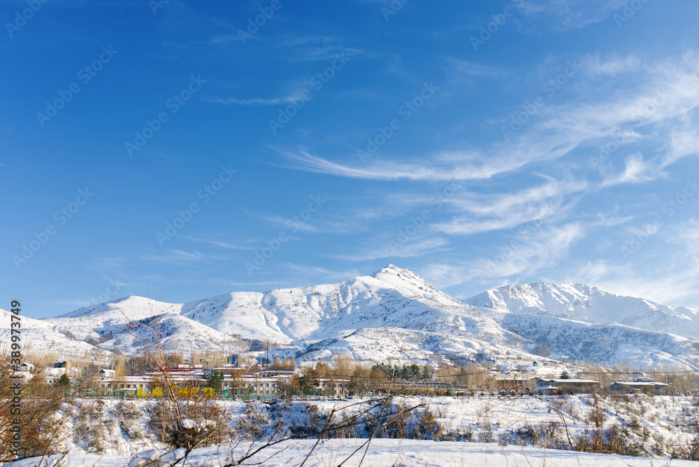 Layner, the village of Chimgan, Uzbekistan. Winter mountain snow landscape