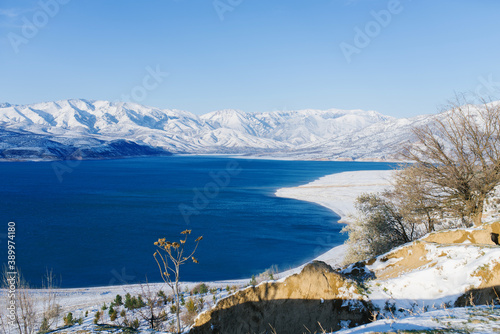 Charvak reservoir in winter in Uzbekistan and a lone tree. Beautiful winter landscape. The Tien Shan mountain system in Central Asia. Card of the country