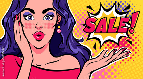 Surprised woman with presenting gesture and SALE speech bubble. Advertising poster for discount. Pop art vector retro illustration.
