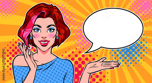 Smiling woman with presenting gesture, and empty speech bubble on bright background. Pop art vector illustration.