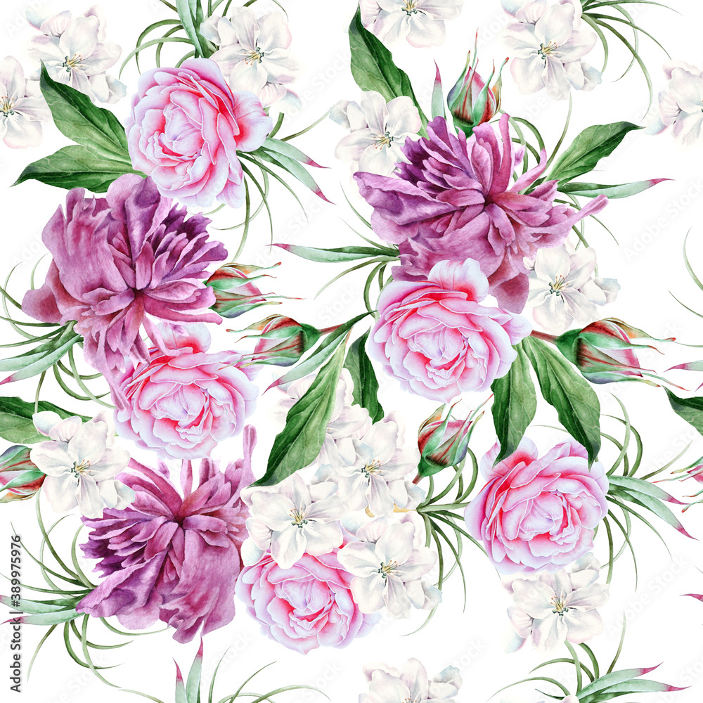 Bright seamless pattern with flowers. Peony. Rose. Hand drawn.