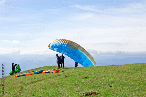 Monte San Vicino, Italy - November 1, 2020: Paragliding in the mountains.