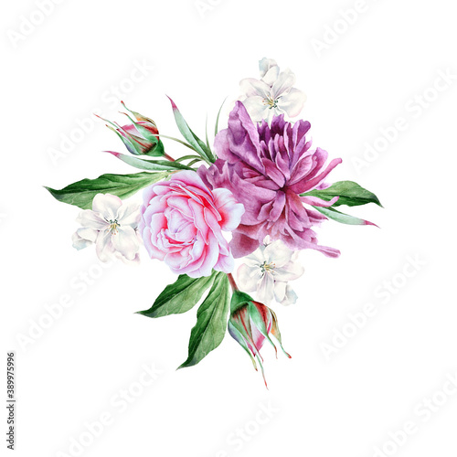 Watercolor bouquet with flowers. Rose. Peony. Illustration. Hand drawn. © redneks