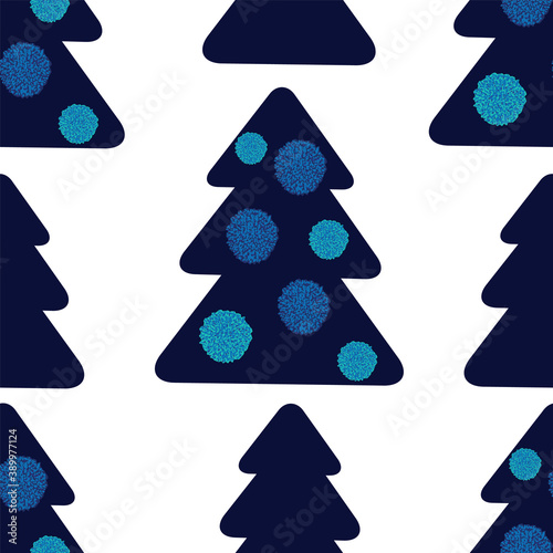 Blue Christmass tree with pompom bobble bowls, vector seamless pattern. Big and small trees on white background.