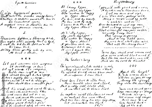 Set of unreadable hand-written poems. Retro background of illegible ink-written poetry. Overlay template. Vector illustration