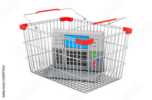 Security alarm system inside shopping basket, 3D rendering
