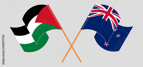 Crossed and waving flags of Palestine and New Zealand