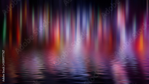 Light effect on a dark background  bright lights  blur  bokeh. Reflection of neon light in water.