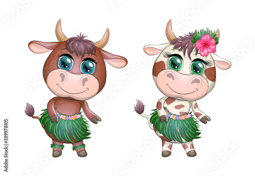 Wallpaper Mural A pair of cute cartoon bull and cow with beautiful eyes is the character of a Hawaiian hula dancer among leaves Torontodigital.ca