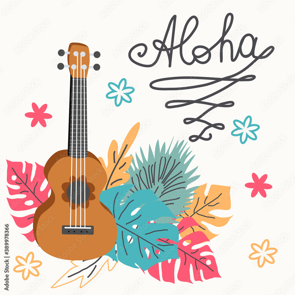 Ukulele and tropical leafs. hand drawn illustration Ukulele and tropical leafs. hand drawn illustration