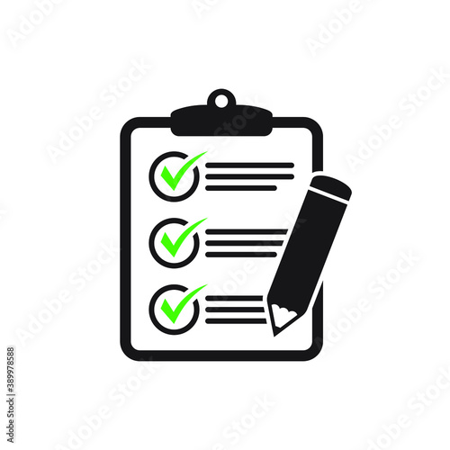 Clipboard with checklist icon for web with green tick isolated on white background.