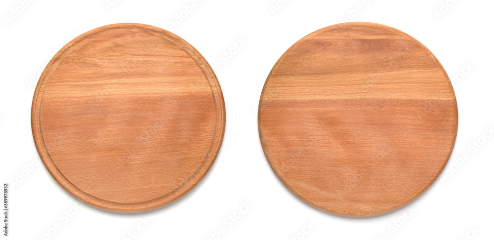 Two sides of round wooden cutting board for pizza isolated on white background. Mockup for food project. Two sides of round wooden cutting board for pizza isolated on white background. Mockup for food project.