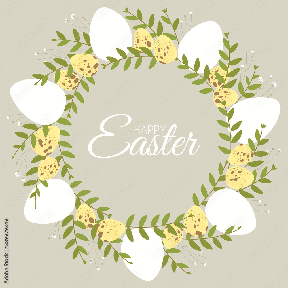 Easter wreath with floral elements and quail hen eggs. Decorative frame made of white Easter eggs.
Border for celebration decoration design. Flat vector illustration.