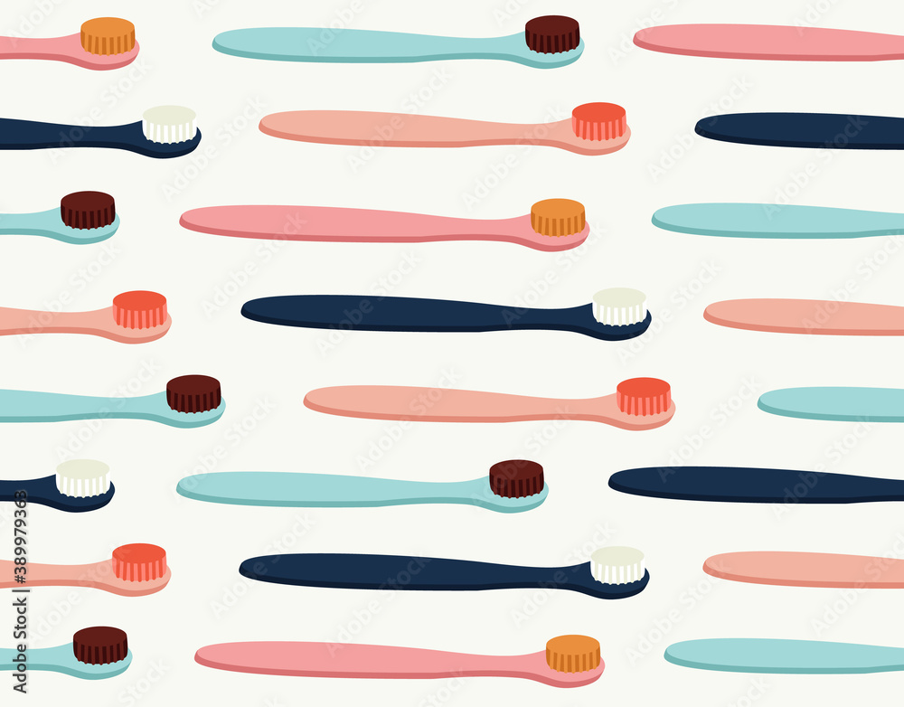 Seamless pattern of colored toothbrushes in pink, yellow, blue, and burgundy color. Hand-drawn illustration of dental care tools. Colorful background texture for textile, fabric, paper. Seamless pattern of colored toothbrushes in pink, yellow, blue, and burgundy color. Hand-drawn illustration of dental care tools. Colorful background texture for textile, fabric, paper.