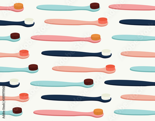 Seamless pattern of colored toothbrushes in pink, yellow, blue, and burgundy color. Hand-drawn illustration of dental care tools. Colorful background texture for textile, fabric, paper. 