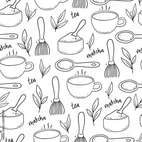 Seamless pattern of hand drawn matcha tea ingredient and traditional ceremony elements, cup, spoon, matcha leaf. Doodle sketch style illustration for background, fabric, wallpaper design.