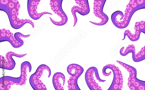Octopus Tentacles Rectangular Border, Underwater Animal Antennas or Feelers Frame on White Background. Monster Hands