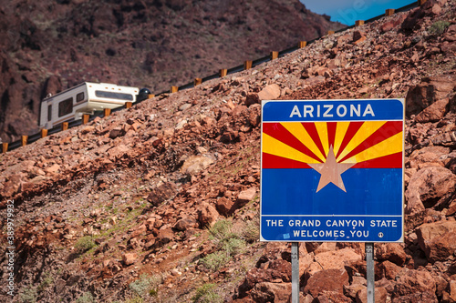 Arizona sign at Hoover Dam on the border with Nevada with the welcome message to the Grand Canyon
