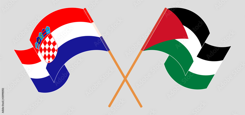 Crossed and waving flags of Palestine and Croatia Crossed and waving flags of Palestine and Croatia