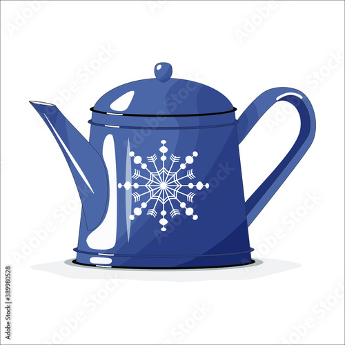 Blue teapot, coffee pot on a white isolated background. Merry Christmas. Dishes for the kitchen.