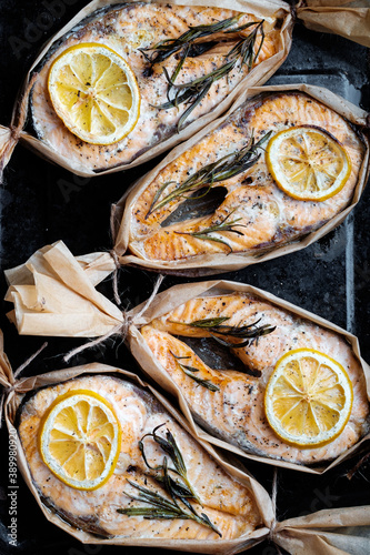 Salmon steak boats with lemon and rosemary