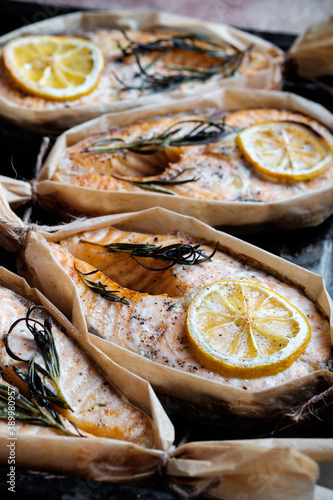 Salmon steak boats with lemon and rosemary
