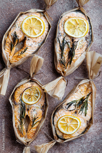 Salmon steak boats with lemon and rosemary