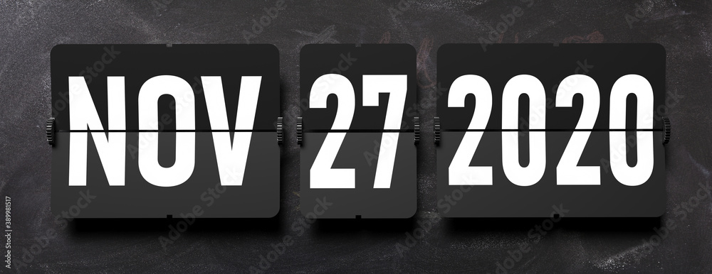 Black Friday sale concept. Nov 27 2020 of white digits from split flap Airport letters on black background, banner. 3d illustration