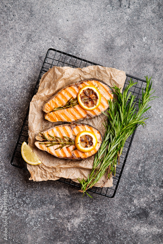 Salmon steak with lemon and rosemary
