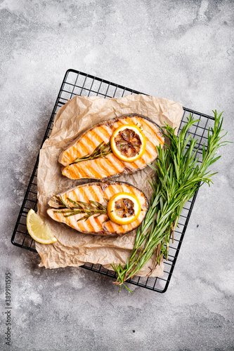 Salmon steak with lemon and rosemary
