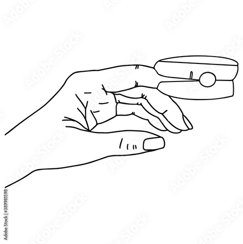 Pulse Oximeter, finger digital device to measure person's oxygen saturation. Reduced oxygenation is an emergency sign of pneumonia, for instance caused by coronavirus. . Vector illustration eps10.