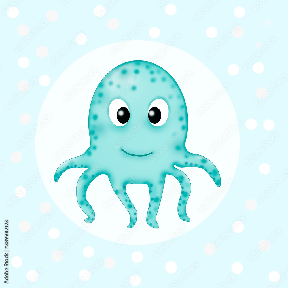 Illustration of an octopus in a white bubble on a blue background. Illustration of an octopus in a white bubble on a blue background.