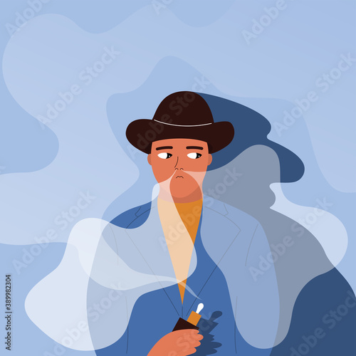 A picture on the topic of smoking. Vector illustration with a man dressed in a strict suit and hat Vaping and stands surrounded by clouds of smoke. 