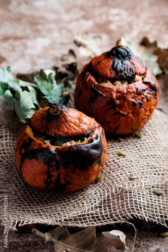 Spicy baked pumpkin with rice and vegetables